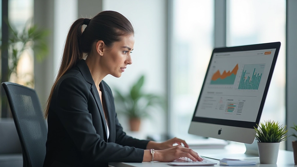 Профессиональное фото маркетолога, анализирующего данные кампании на компьютере в современном офисе