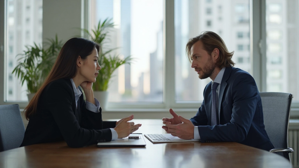 Переговоры между представителем бренда и блогером в современном офисе