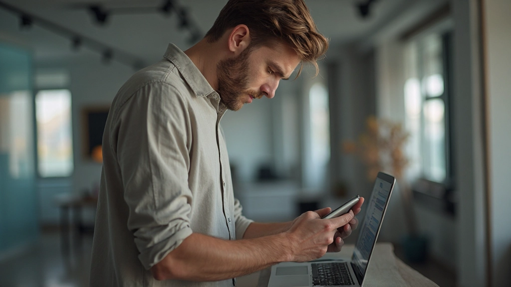 Профессиональное фото молодого контент-создателя, работающего со смартфоном в современной студии